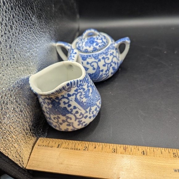 Vintage Phoenix Bird Flying Turkey Blue & White Covered Sugar & Creamer 3" - Picture 8 of 8